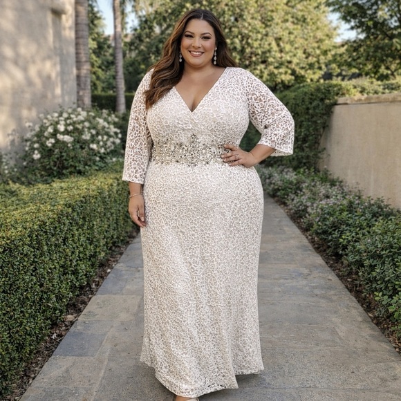 Alex Evenings Cream Lace Beaded Long Formal Gown Size 18W